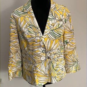Spense yellow white floral print blazer lined jacket 3/4 sleeves button front L